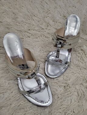 Dior Heeled Slide Sandal Silver Sz 38